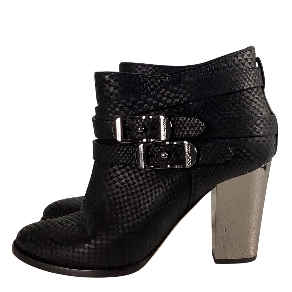 Jimmy Choo Black Snakeskin EmbossedLeather Buckle Ankle Boots Metallic Heel 38.5